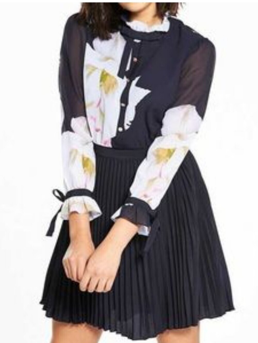 Ted Baker ELLONA Gardenia Bow Sleeve Mini Dress Navy Pleated A-Line Skirt 6 US